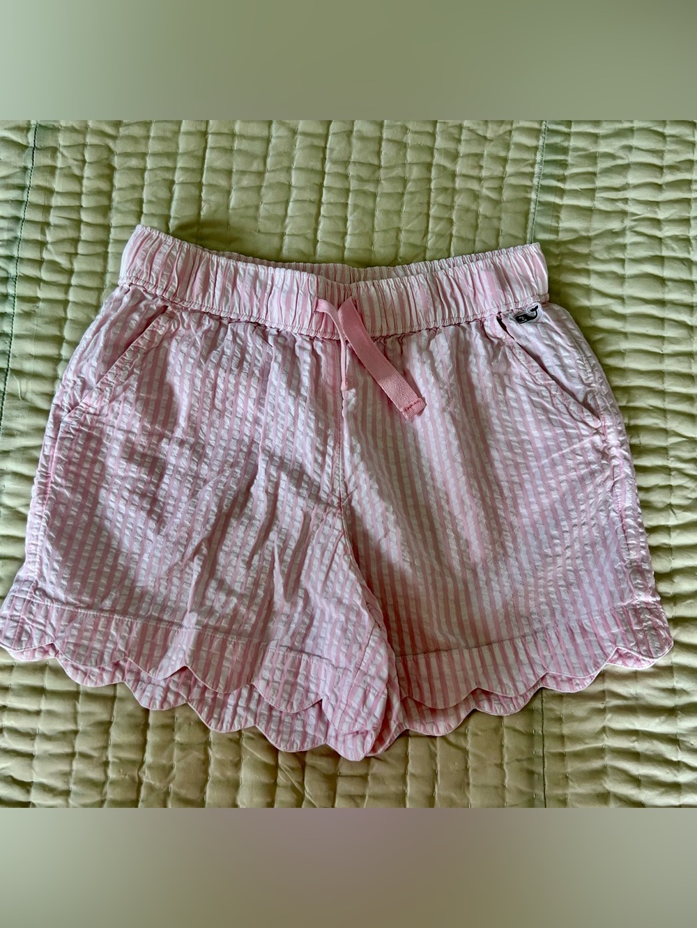 Vineyard vines, pink seersucker shorts with scalloped hem.